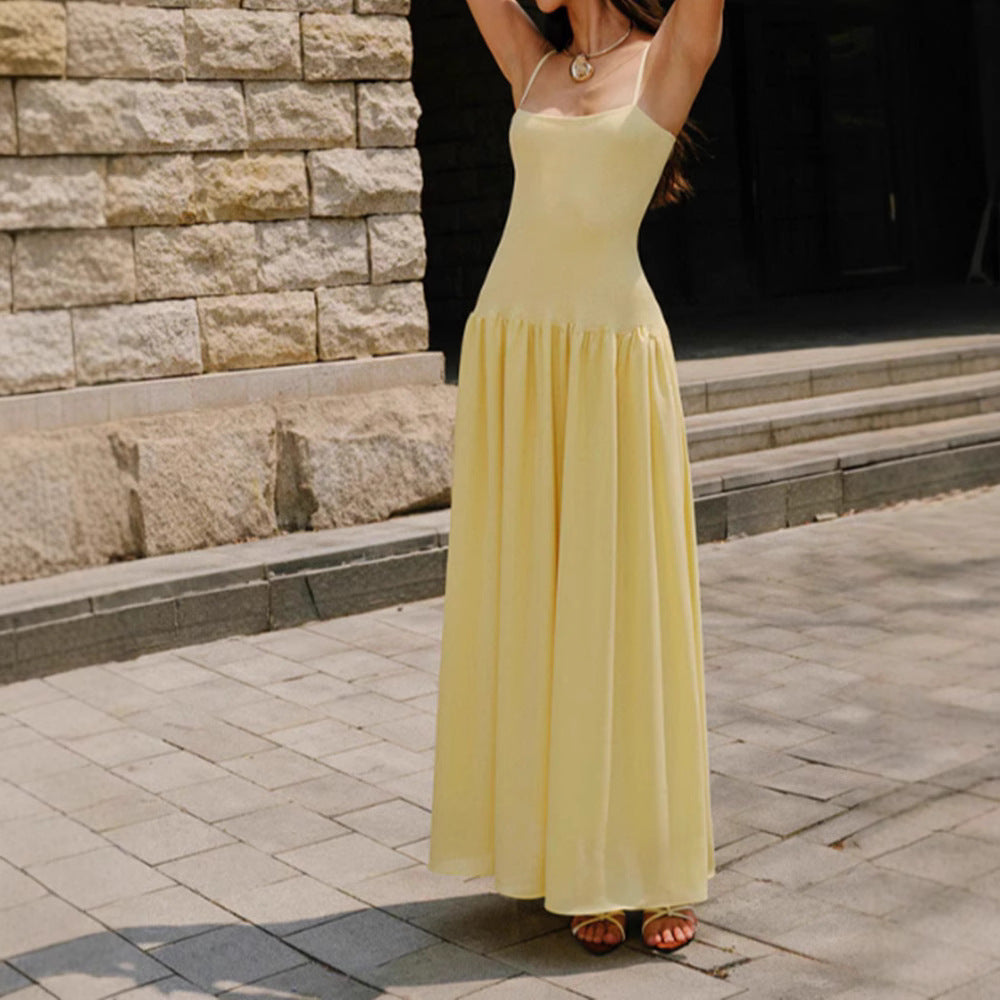 Strapless Waist-Cinched A-Line Dress Women  French Style Spicy Girl Summer Backless Long Dress