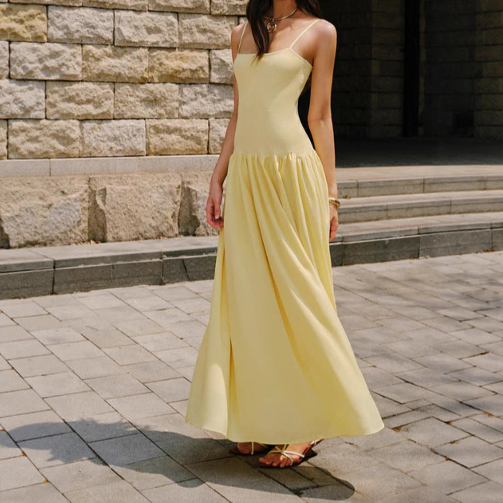 Strapless Waist-Cinched A-Line Dress Women  French Style Spicy Girl Summer Backless Long Dress